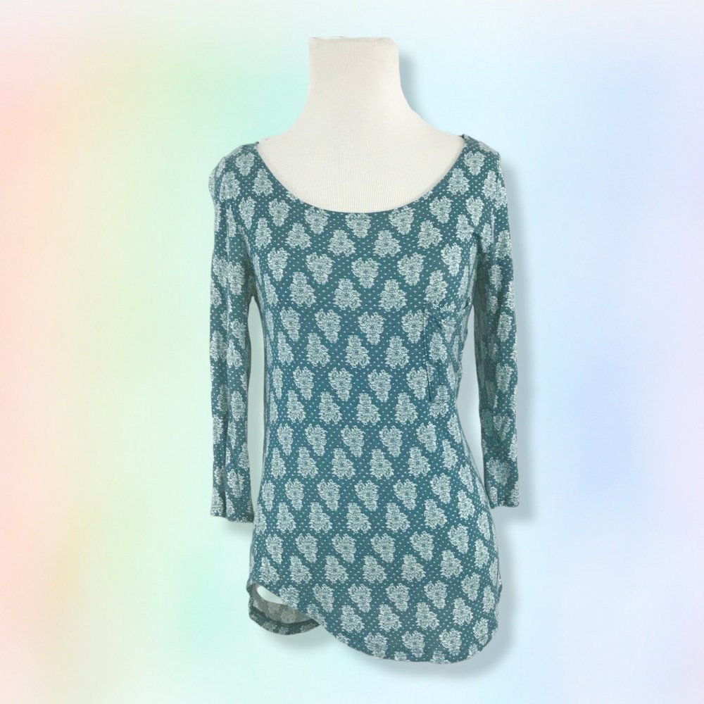 Anthropologie Postmark Teal Pocket Front Polka Dot Floral Printed Top Size‎ XS